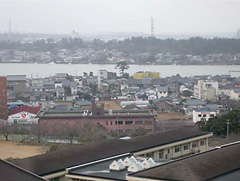 龍翔館から見た三国の町並み 真ん中の松の木あたりが日和山です