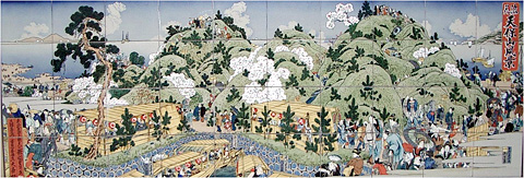 「浪花天保山風景」歌川貞升画、当時のにぎわいの様子です(天保山公園の壁画パネルより)